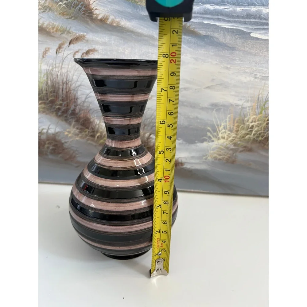 Strehla Keramik West German Pottery Vase 962 Black Pink Striped MCM 8.25